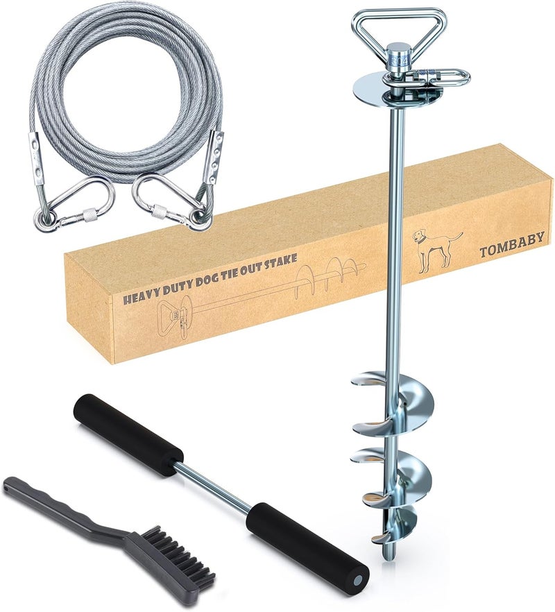TOMBABY Dog Tie Out Cable and Stake,with 30FT Heavy Duty Cable,360° Swivel Dog Anchor& Anti-Tangle,Dog Runner for Yard,Dog Stake Allows Dogs Up to 210 lbs, Dog Stakes for Outside Beach,Camping, Yard - Image 1